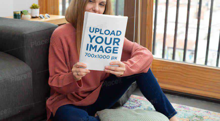 Magazine Mockup Featuring a Woman Sitting on Her Living Room Floor Photoshop PSD Mockup Template