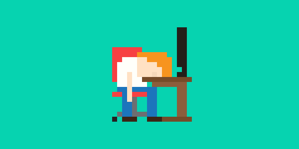 pixel art user slumped feedback web design sitting desk desktop computer exasperated