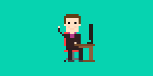 pixel art user happy feedback web design sitting desk desktop computer